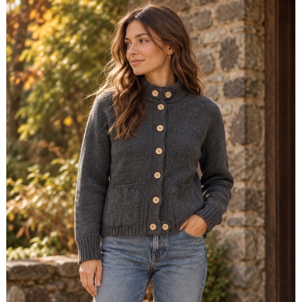 Duluth Trading Womens Wool Button Tab Cardigan Sweater Jacket L Mock Neck Gray